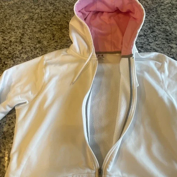 Under Armor Adults White Pink XL Full Zip Hoodie Longsleeves Solid Logo Jacket‎ - Picture 8 of 10